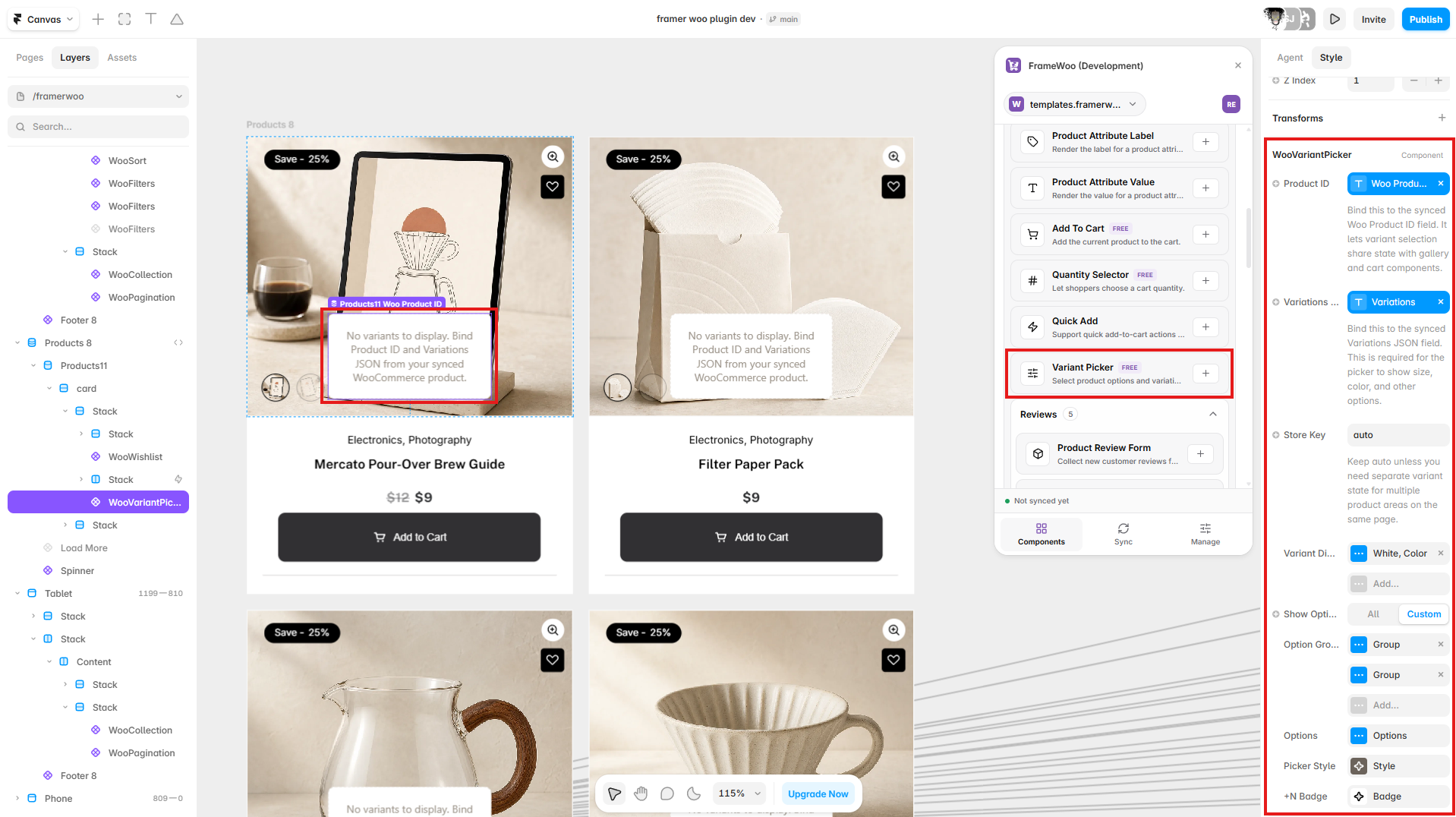 Variant Picker displayed on a Framer product card with product and variation fields connected