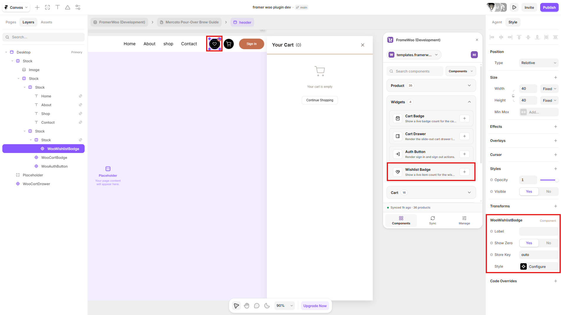 Wishlist Badge displayed in a Framer site header with its controls open in the property panel