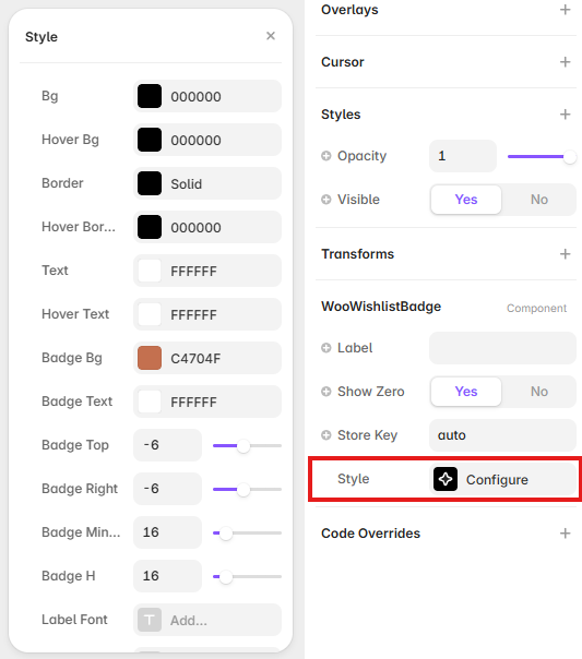 Wishlist Badge style controls showing colors, borders, badge position, sizing, and typography in Framer