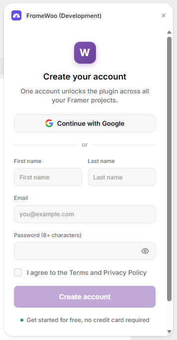 FrameWoo Create your account screen
