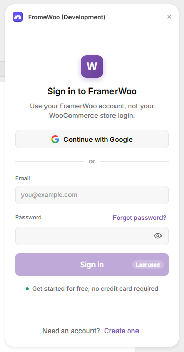 FrameWoo sign-in screen
