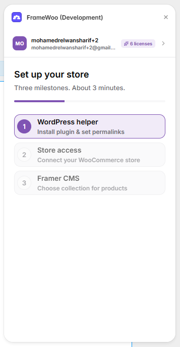 FrameWoo store setup showing WordPress helper, Store access, and Framer CMS milestones