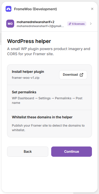 FrameWoo WordPress helper screen with download, permalink, and domain whitelist instructions