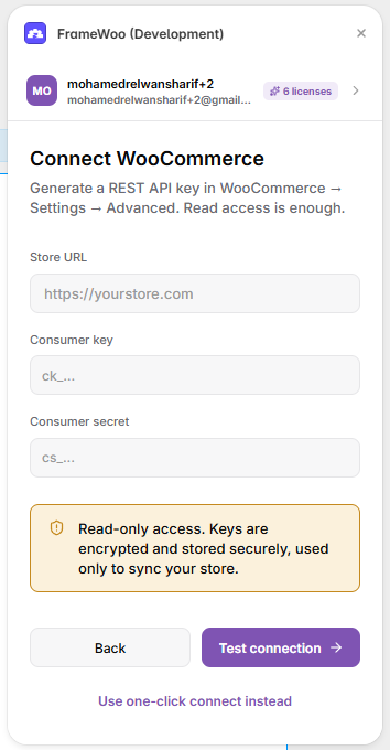 FrameWoo Connect WooCommerce screen with store URL and REST API credential fields