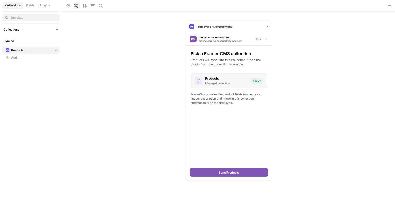 FrameWoo asking the user to pick the Products CMS collection