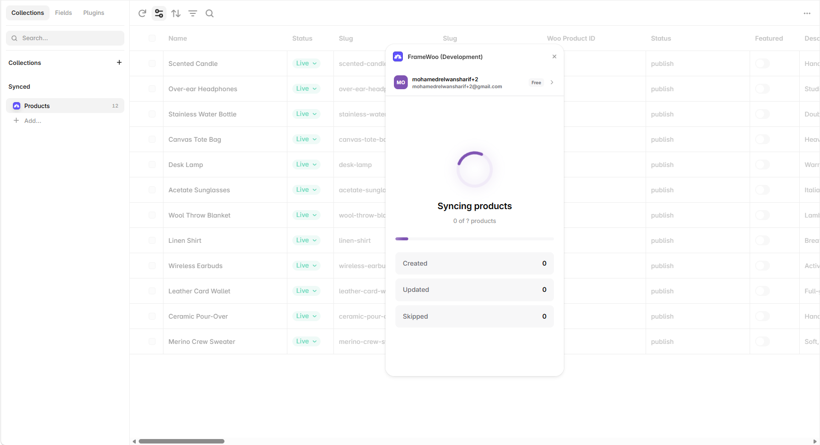 FrameWoo product synchronization progress screen