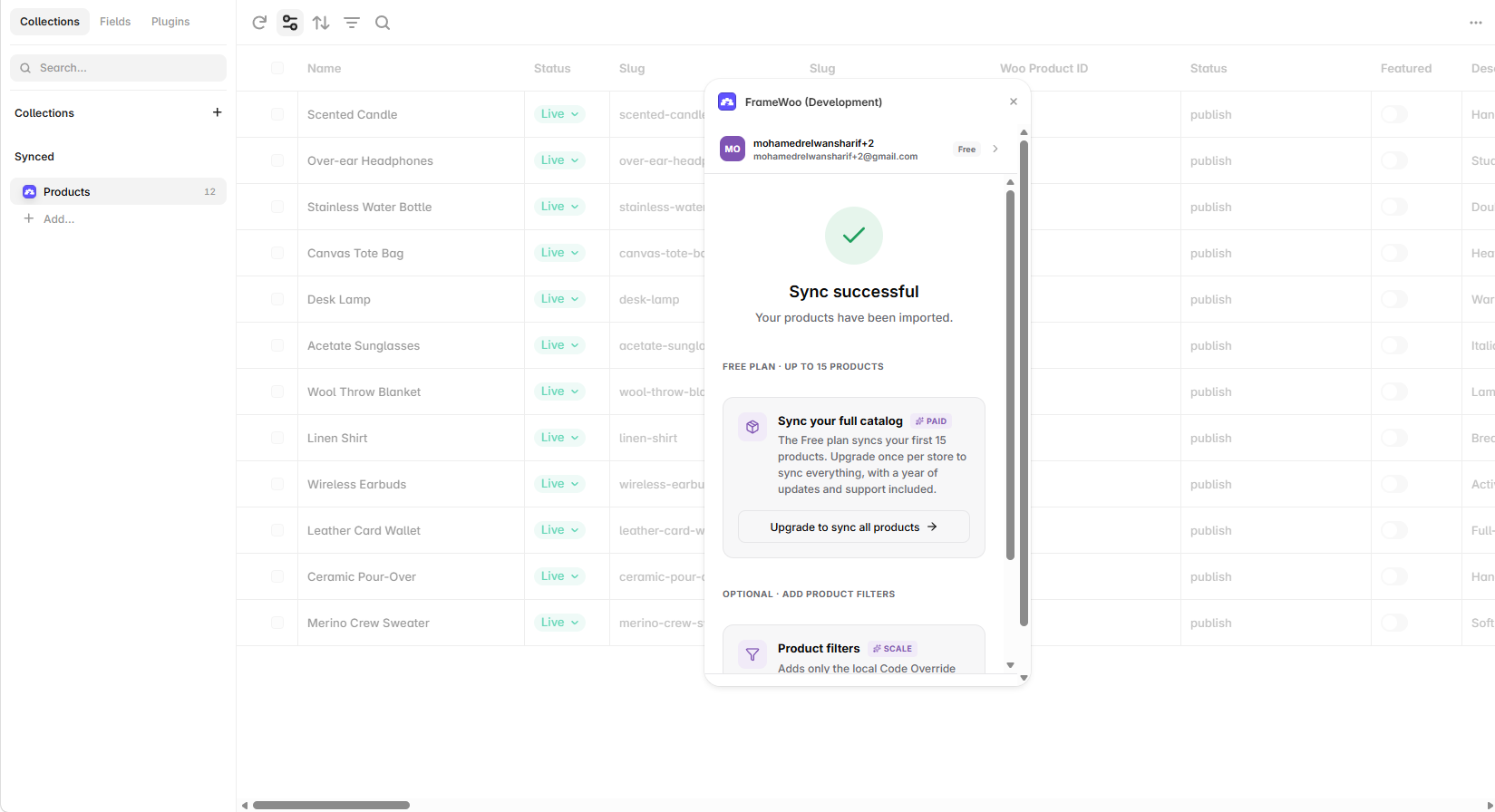 FrameWoo Sync successful confirmation with imported products