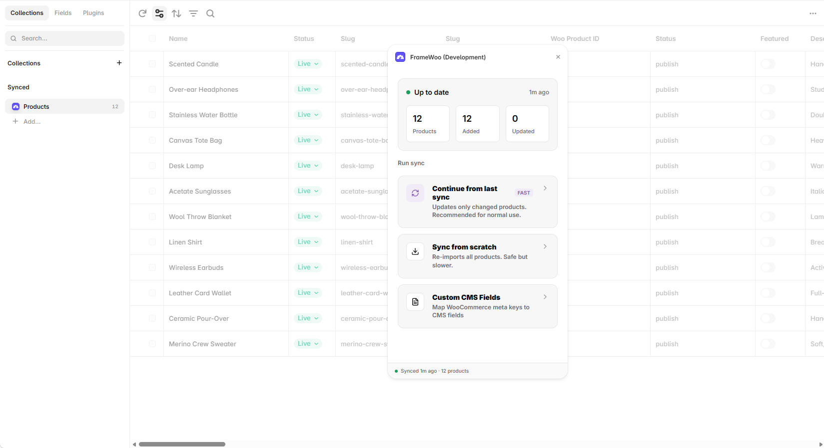 FrameWoo sync management screen with Continue from last sync and Sync from scratch