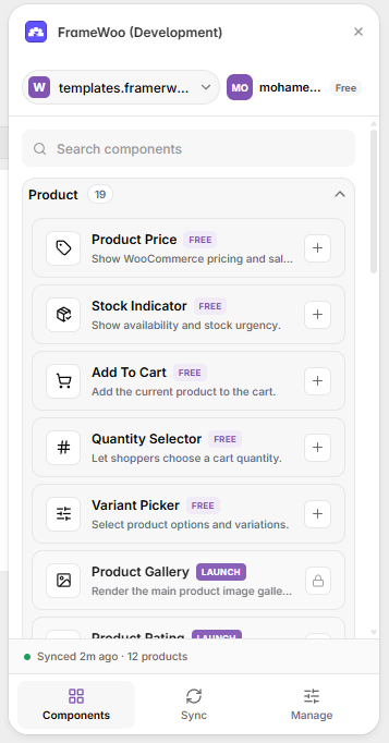 FrameWoo component browser showing product components