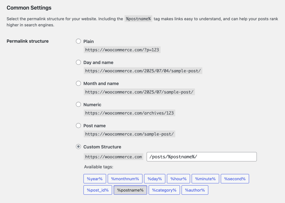 WordPress Permalink Settings with Post name selected