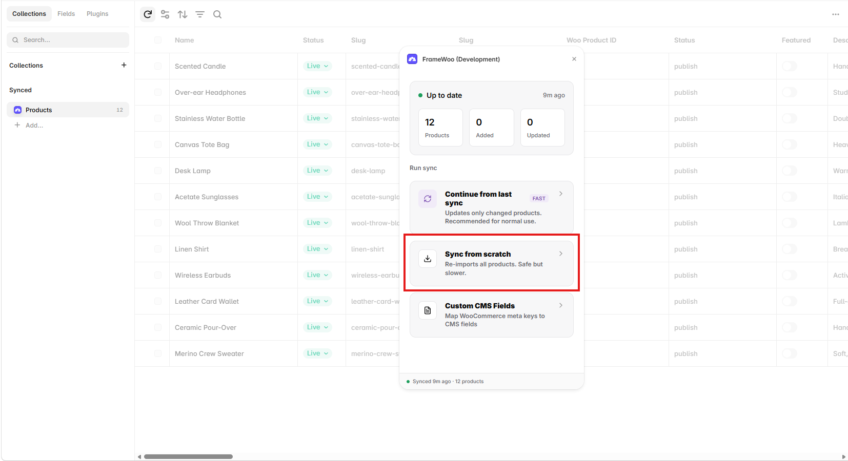 FrameWoo sync screen with Sync from scratch highlighted
